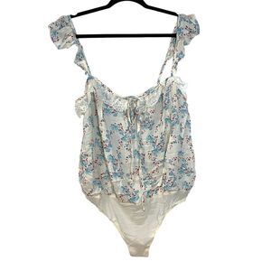 Free People Take It Away Sleeveless Bodysuit Cream Blue Floral Womens Size Large